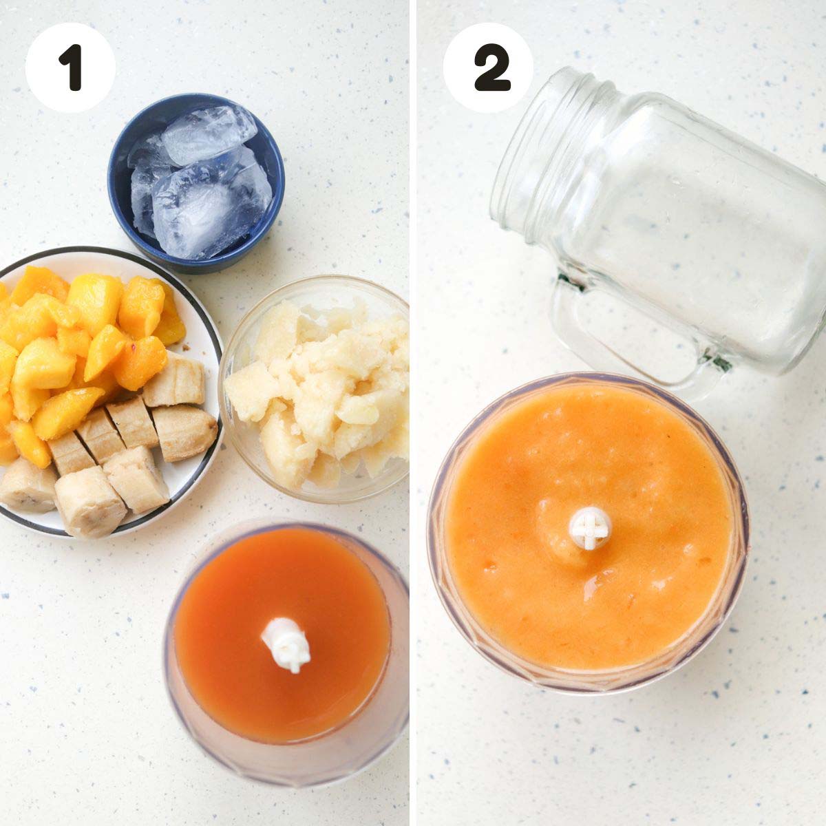two image process making mango tango smoothie.