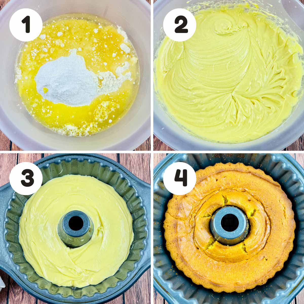 four image process making lemon pudding bundt cake.