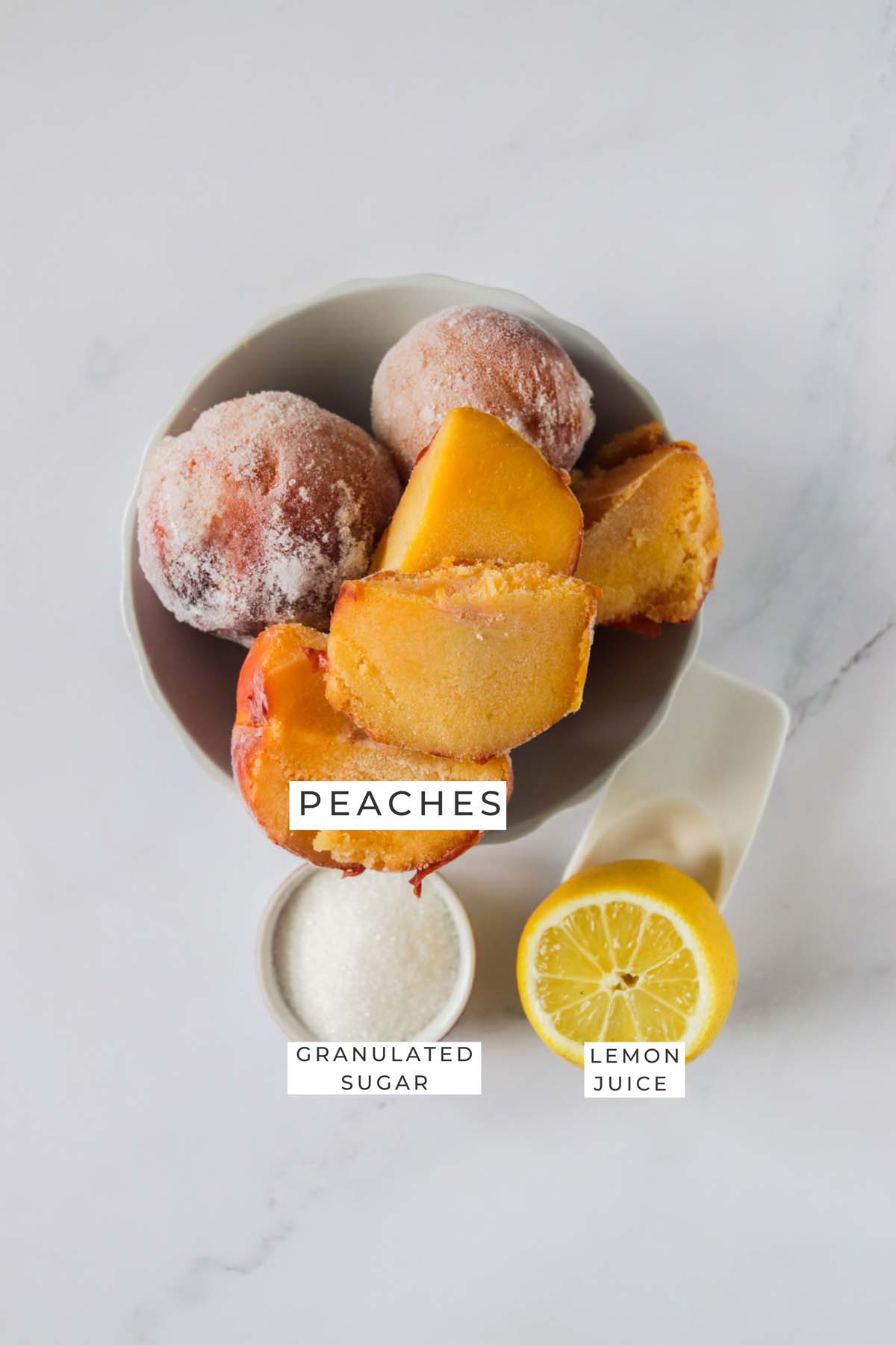 simple peach syrup labeled ingredients.