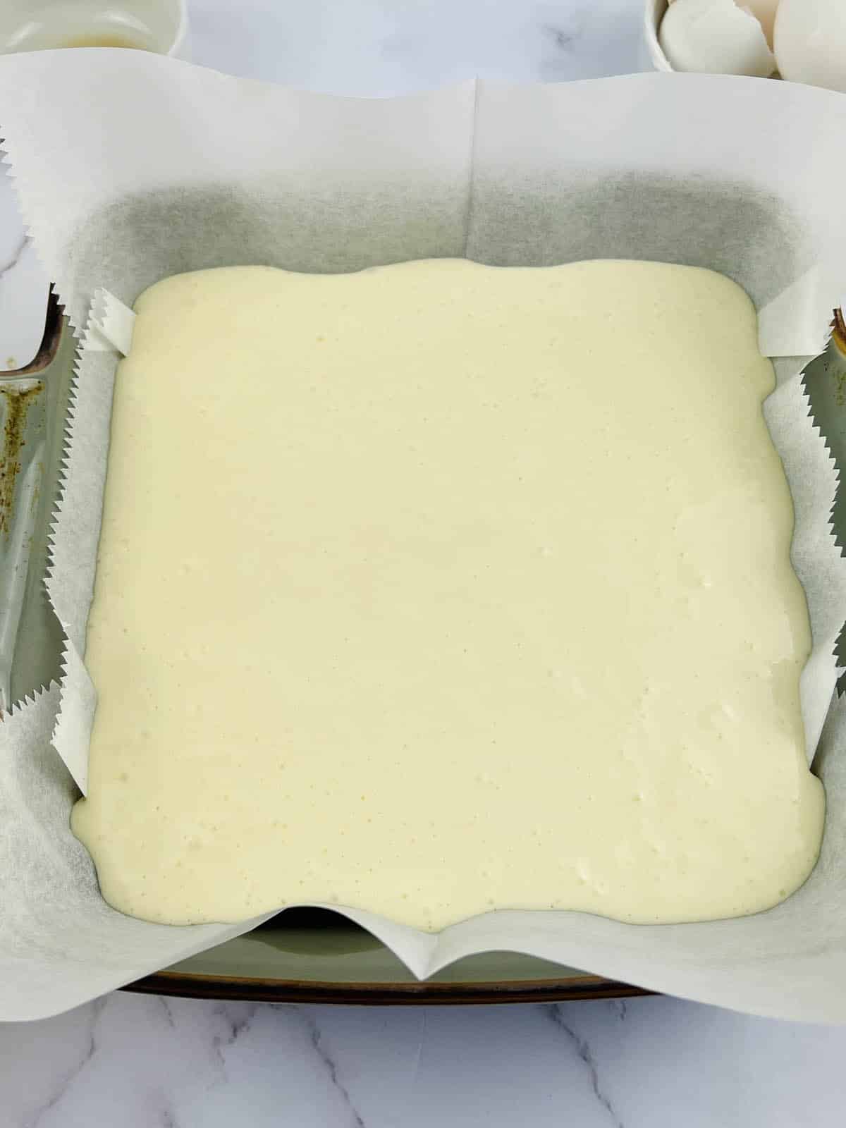 Cream cheese mixture in pan.