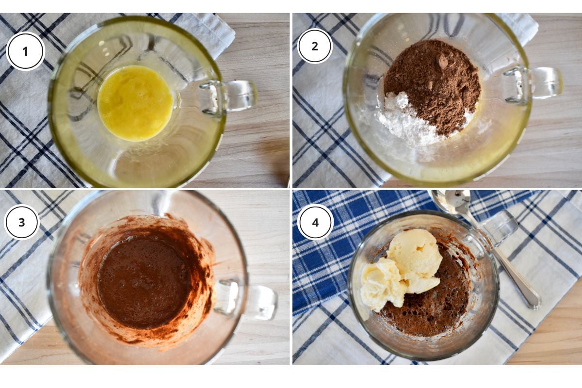 Process shots showing how to make recipe including stirring together everything in a cup. 