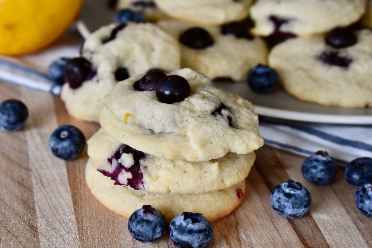 Lemon Blueberry Cookies on a cutting board. 