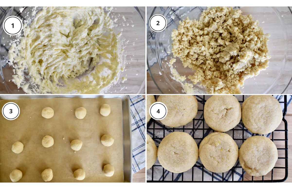 Process shots showing how to make recipe including rolling the dough into balls and baking. 