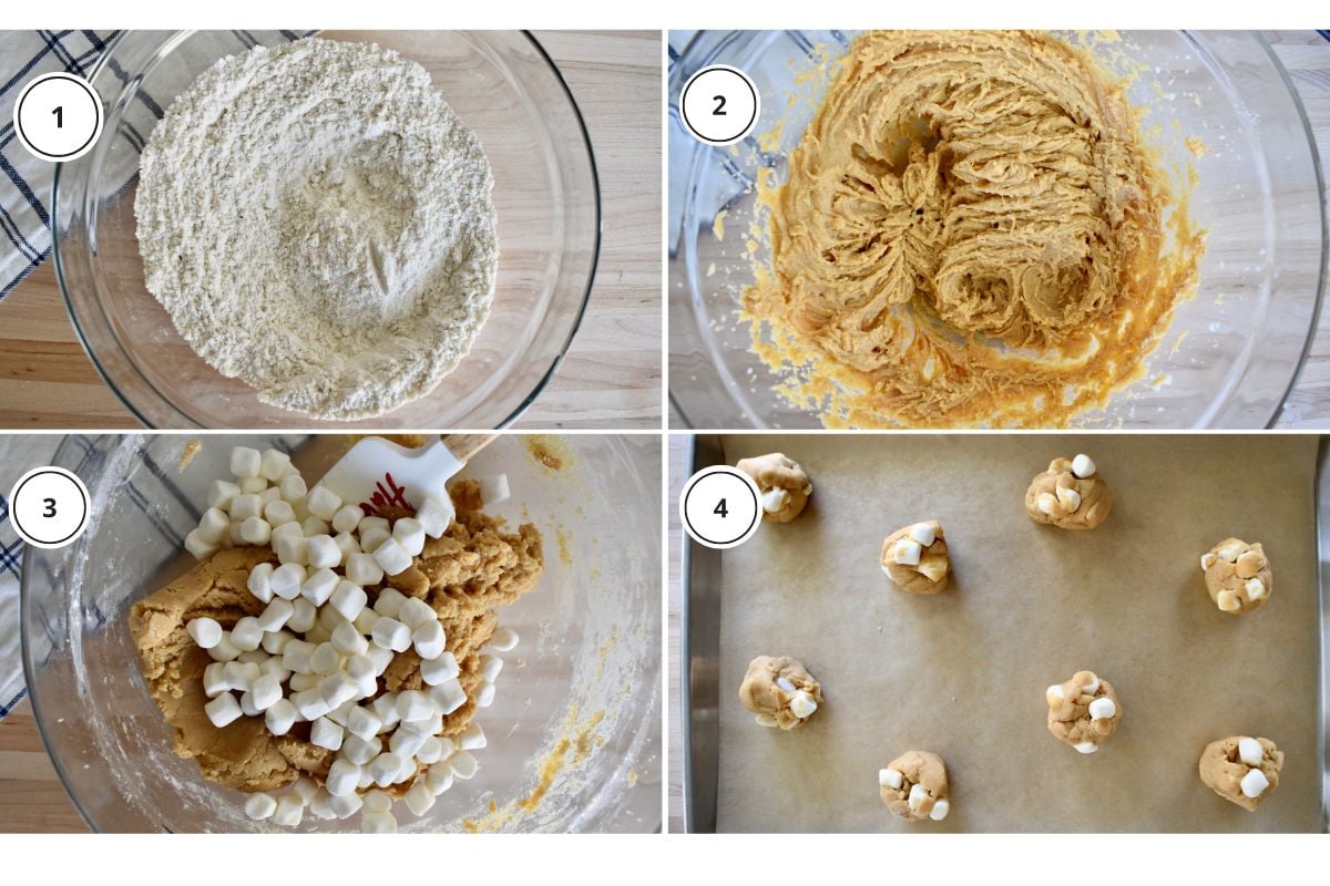 Process shots showing how to make recipe including combining ingredients and rolling into balls to bake. 