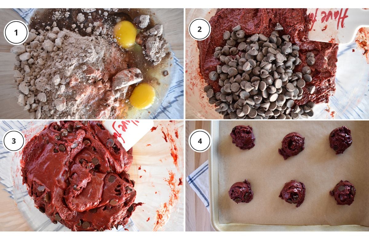 Process shots showing how to make recipe including adding the chocolate chips to the batter. 