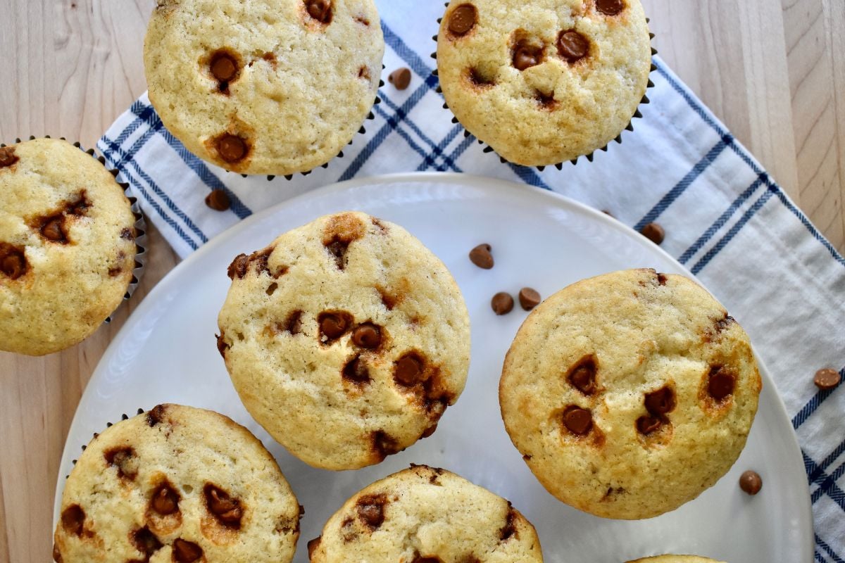 Cinnamon Chip Muffins on a white plate. 