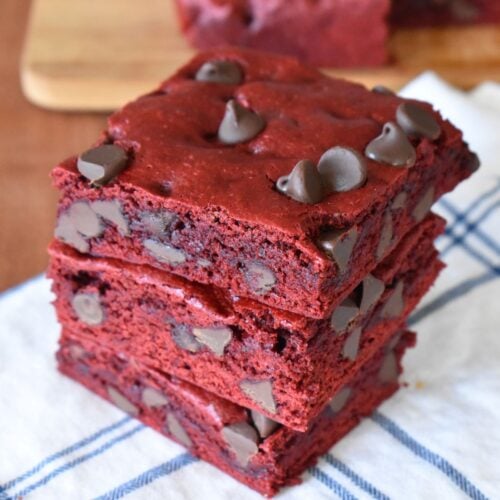 Red velvet cake mix brownies with chocolate chips.