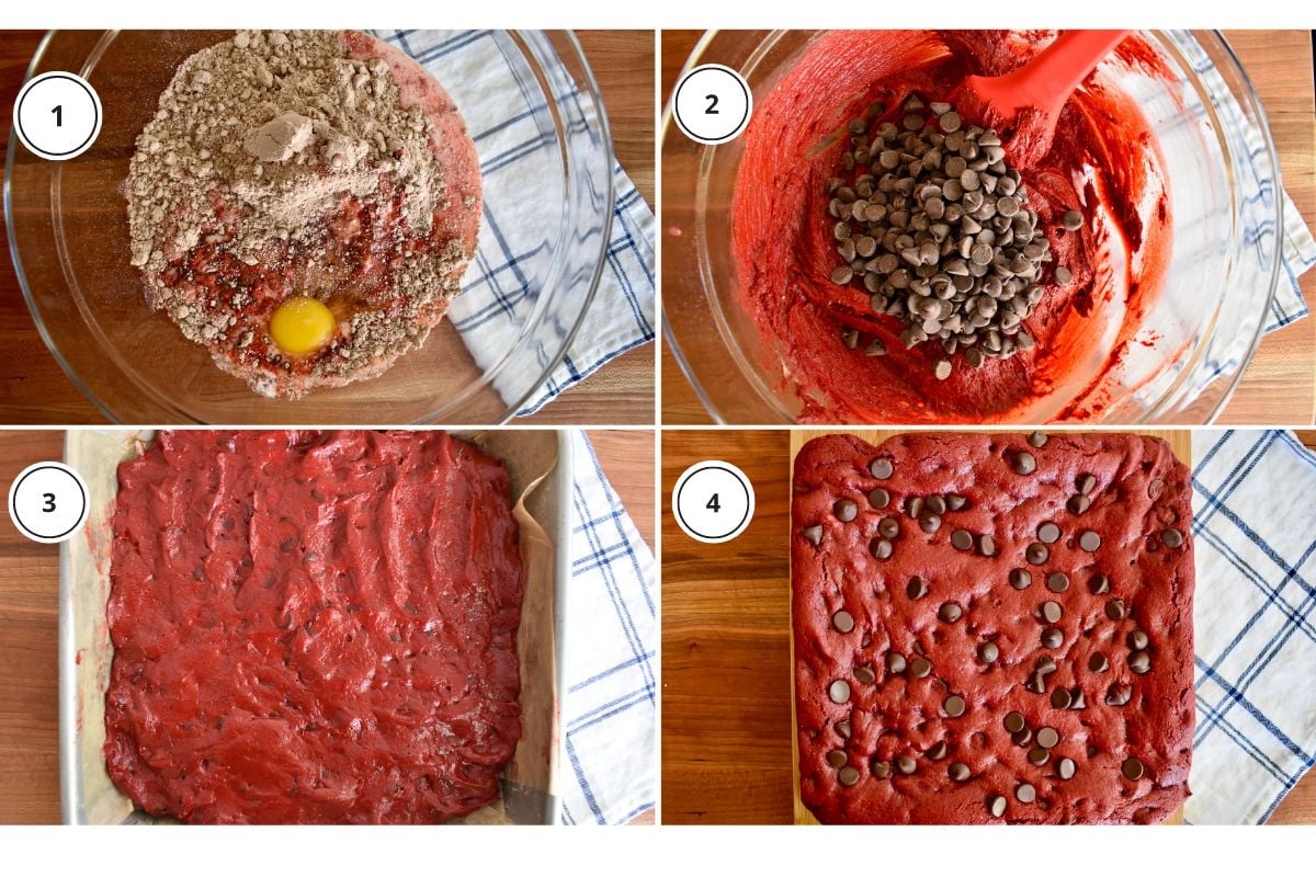 Process shots showing how to make recipe including prepping the batter and pressing into the pan with chocolate chips. 