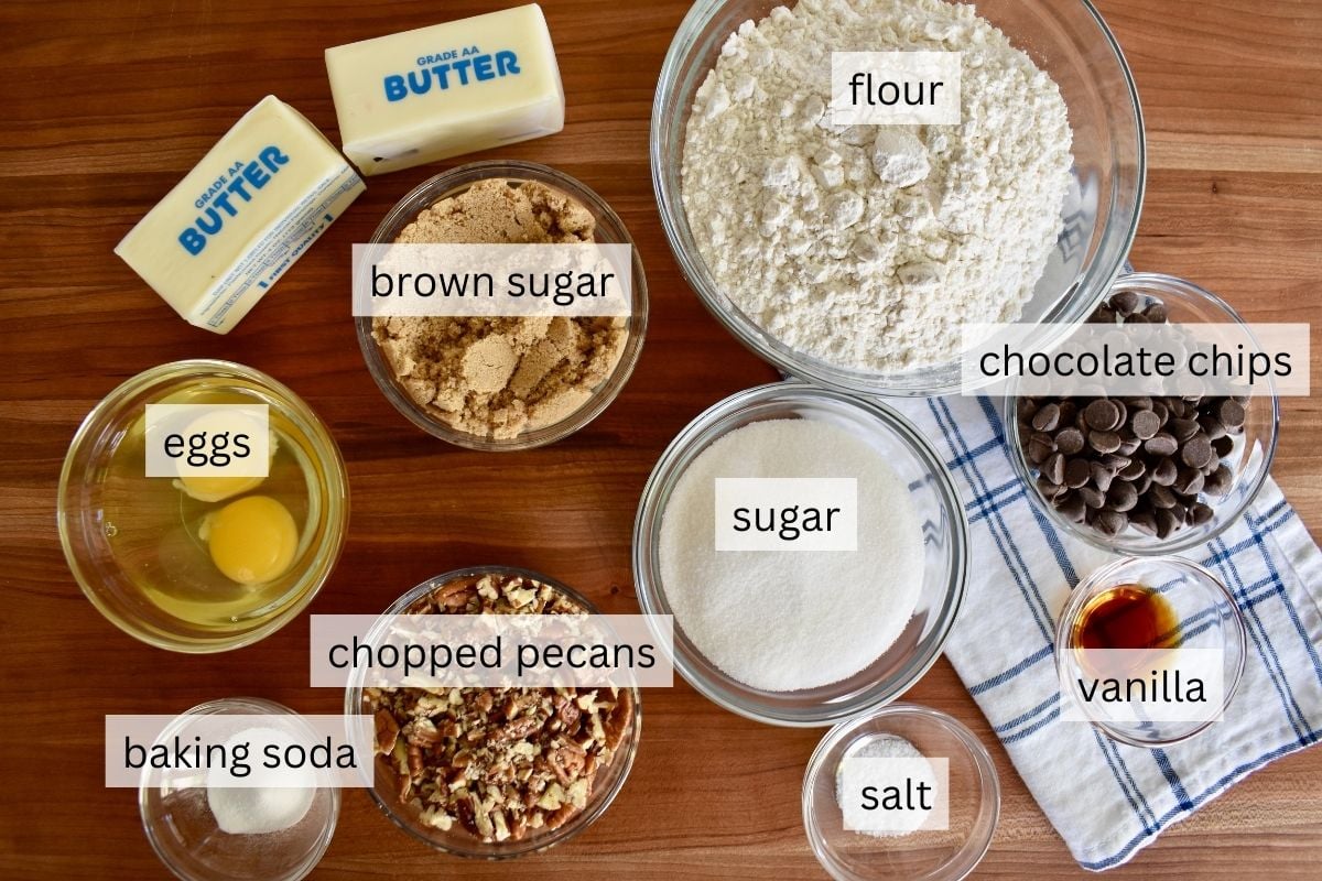 Ingredients for recipe including flour, butter, sugar, egg, and brown sugar. 
