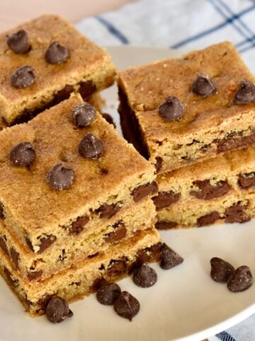 Chocolate Chip Cookie Bars made in a 9x9 inch baking pan.