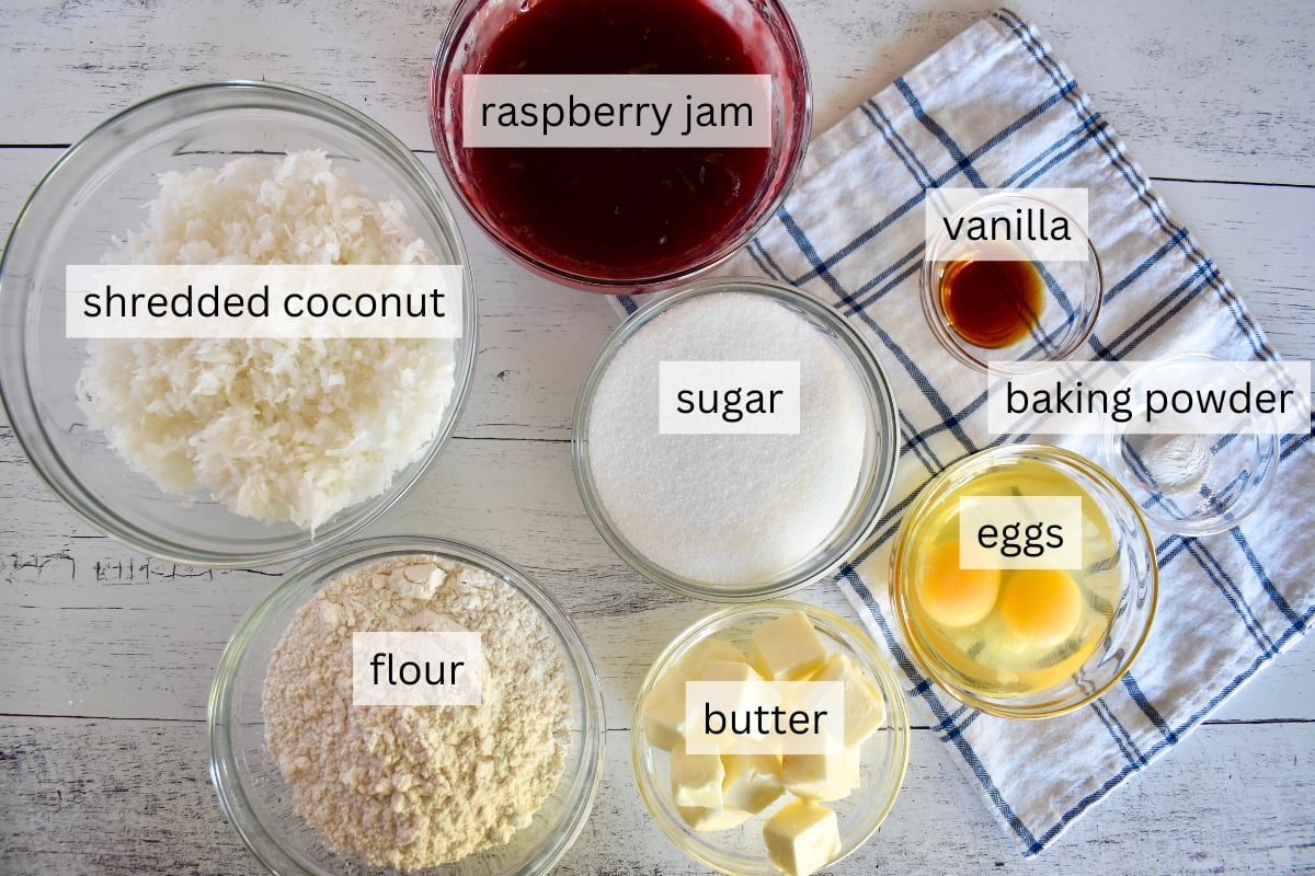 Ingredients for recipe include jam, butter, flour, eggs, and sugar.